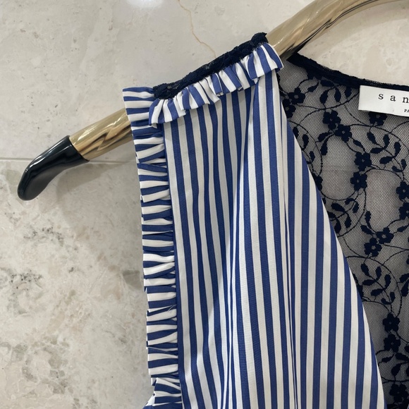 NWT SANDRO Dress Blue White Striped Cotton Lace Back "Gana" - Picture 6 of 13